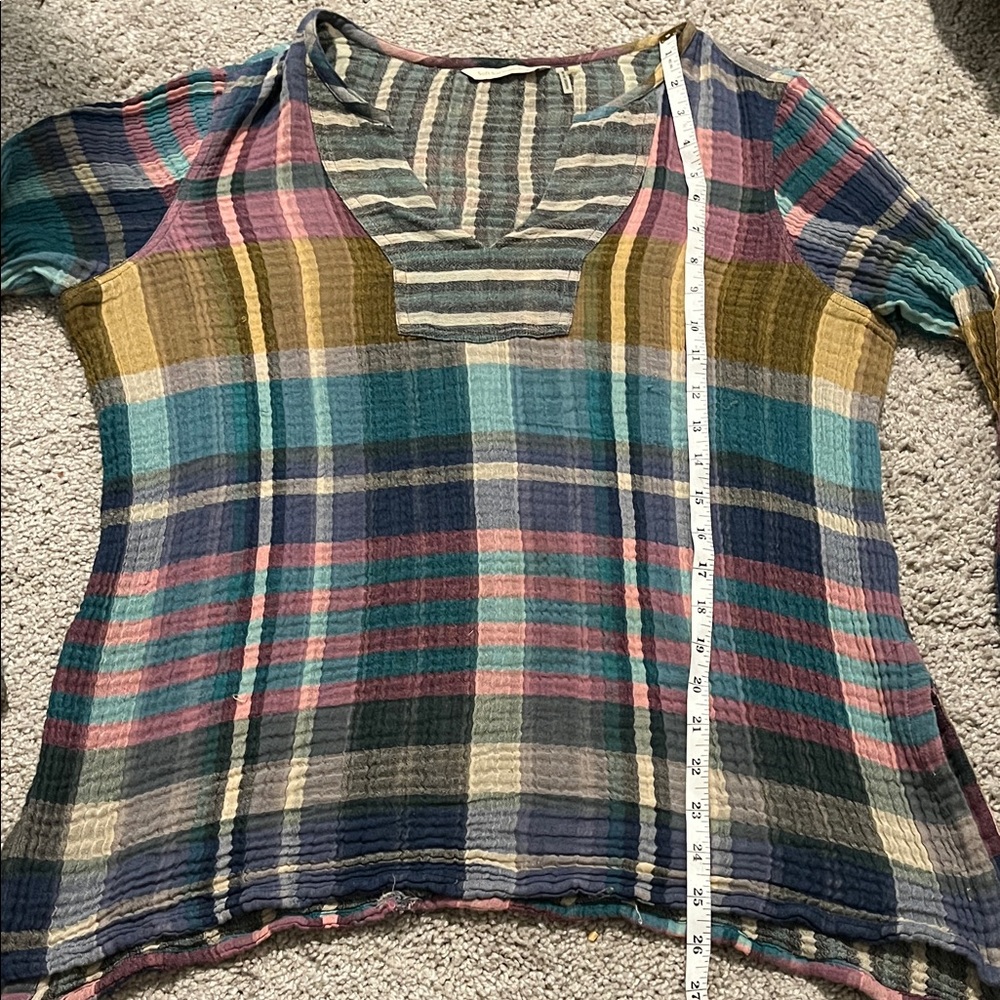 Soft Surroundings Multicolor Gauze Cotton Plaid V-Neck Top Boho Office Casual - Picture 11 of 13